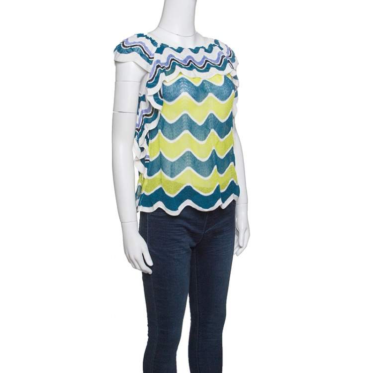 Pre Owned M Missoni Multicolor Wave Pattern Perforated Knit Ruffle Trim Top S