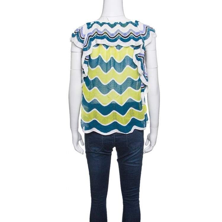 Pre Owned M Missoni Multicolor Wave Pattern Perforated Knit Ruffle Trim Top S