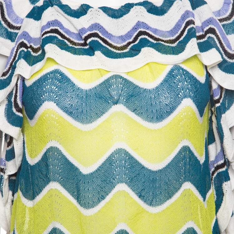 Pre Owned M Missoni Multicolor Wave Pattern Perforated Knit Ruffle Trim Top S
