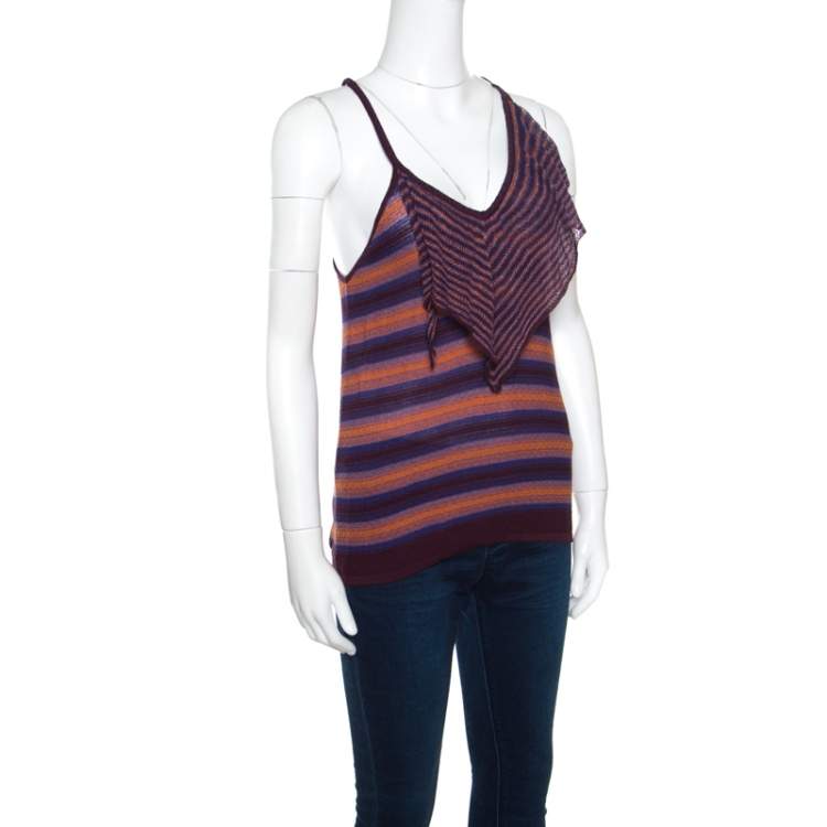 Pre Owned M Missoni Brown and Blue Striped Knit Tie Detail Racer Back Top M