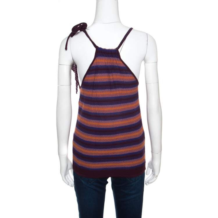 Pre Owned M Missoni Brown and Blue Striped Knit Tie Detail Racer Back Top M