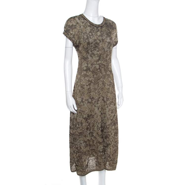 Pre Owned M Missoni Dull Gold and Black Lurex Knit Short Sleeve Midi Dress L