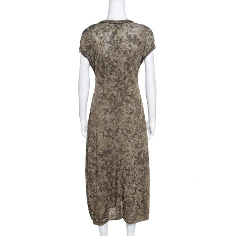Pre Owned M Missoni Dull Gold and Black Lurex Knit Short Sleeve Midi Dress L