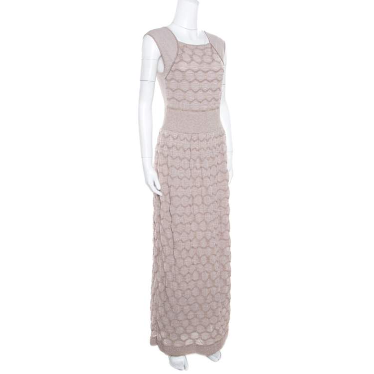 Pre Owned M Missoni Beige Lurex Patterned Knit Sleeveless Maxi Dress L