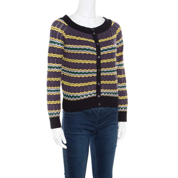 Pre Owned M Missoni Multicolor Perforated Knit Contrast Trim Detail Boat Neck Cropped Cardigan M