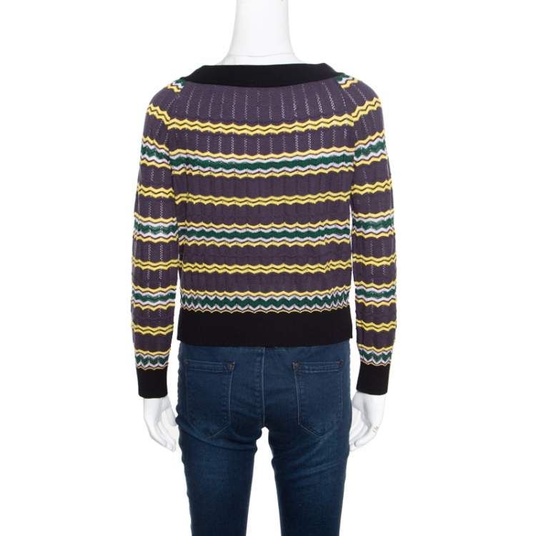 Pre Owned M Missoni Multicolor Perforated Knit Contrast Trim Detail Boat Neck Cropped Cardigan M