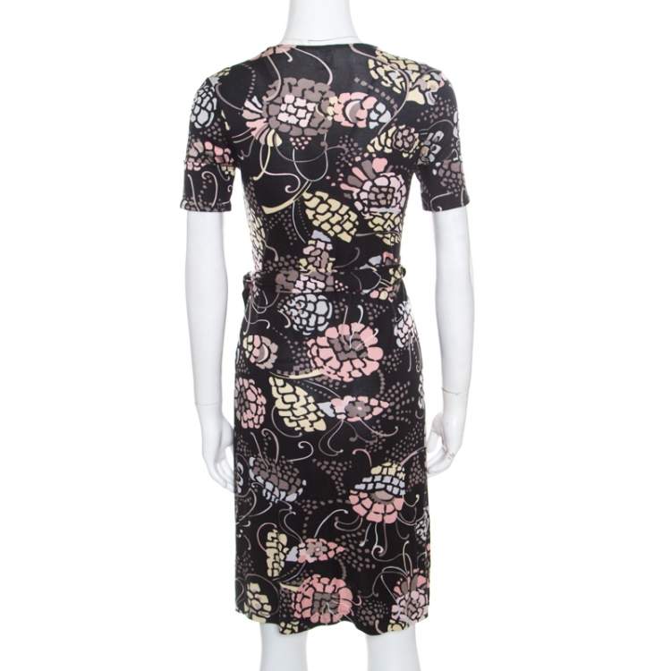 Pre Owned M Missoni Black Printed Silk Jersey Patch Pocket Detail Wrap Dress S