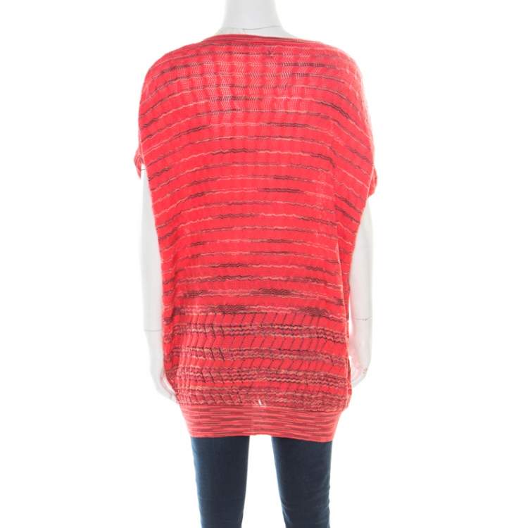 Pre Owned M Missoni Pink Perforated Patterned Knit Ribbed Trim Top L