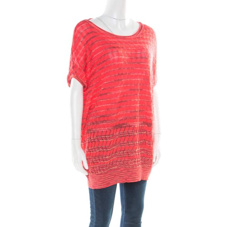 Pre Owned M Missoni Pink Perforated Patterned Knit Ribbed Trim Top L