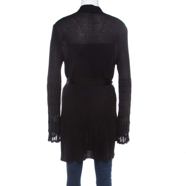 Pre Owned M Missoni Black Perforated Knit Open Front Belted Cardigan L