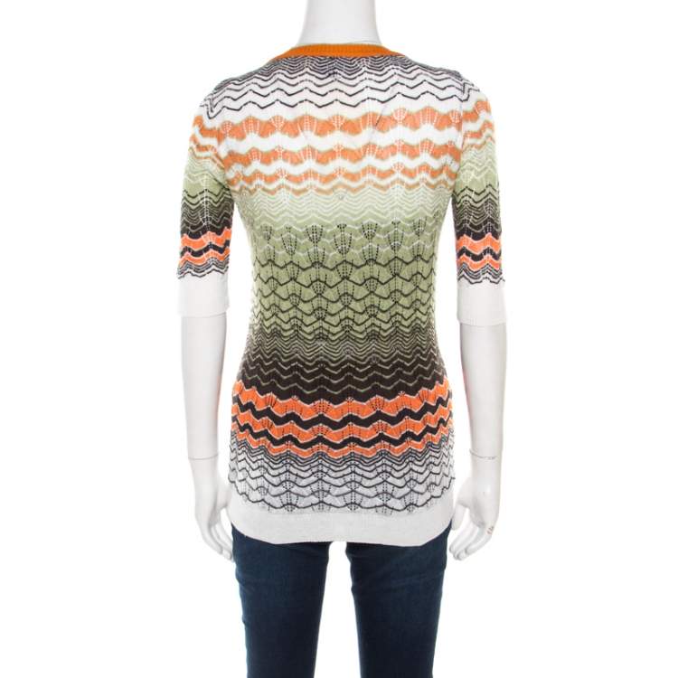 Pre Owned M Missoni Multicolor Perforated Knit Three Quarter Sleeve Buttoned Top M