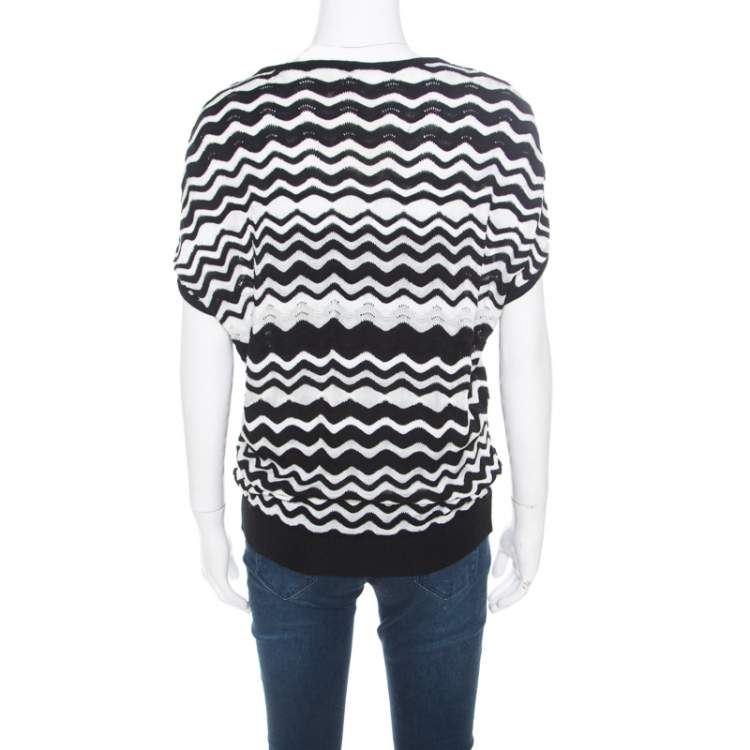 Pre Owned M Missoni Monochrome Wave Pattern Jacquard Perforated Knit Top M