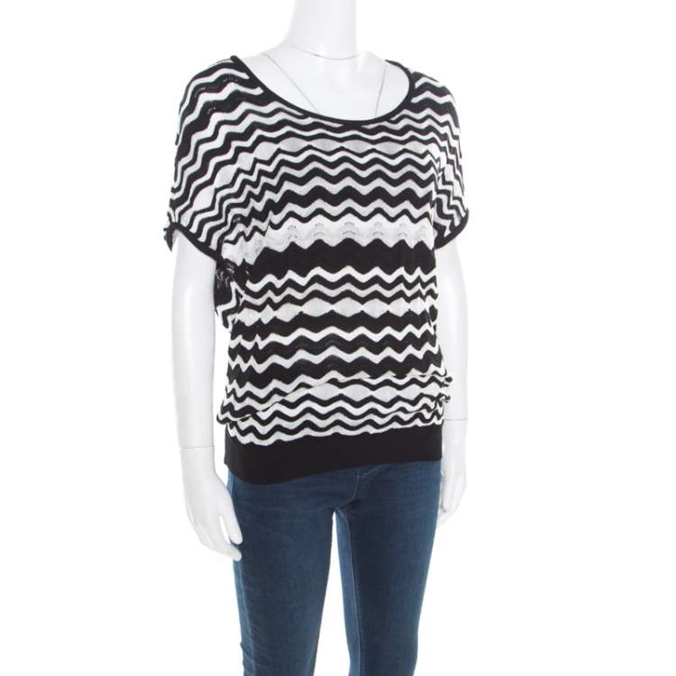 Pre Owned M Missoni Monochrome Wave Pattern Jacquard Perforated Knit Top M