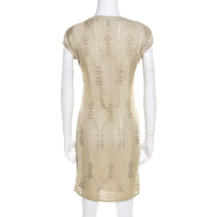 Pre Owned M Missoni Gold Zig Zag Pattern Perforated Lurex Knit Cap Sleeve Dress S