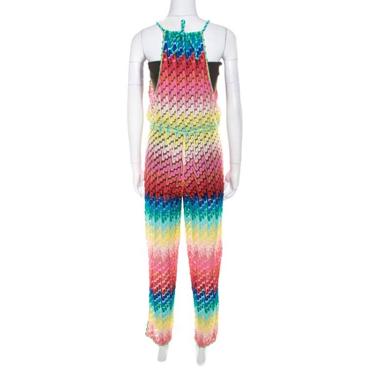 Pre Owned Missoni Mare Rainbow Patterned Perforated Knit Beach Cover Up Jumpsuit S