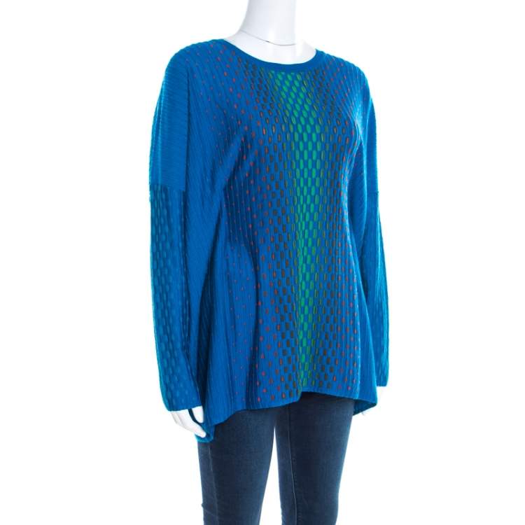 Pre Owned M Missoni Blue Jacquard Rib Knit Dash Pattern Oversized Pullover M