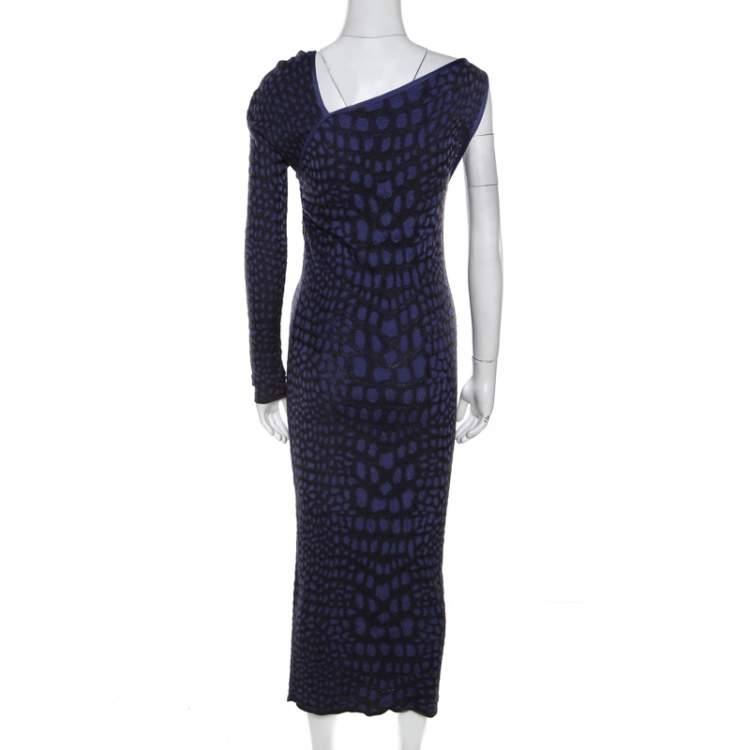 Pre Owned M Missoni Purple Animal Print Knit Asymmetric Sleeve Maxi Dress L