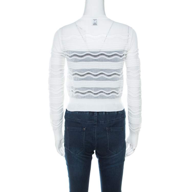 Pre Owned M Missoni White Zig Zag Cotton Cropped Cardigan S
