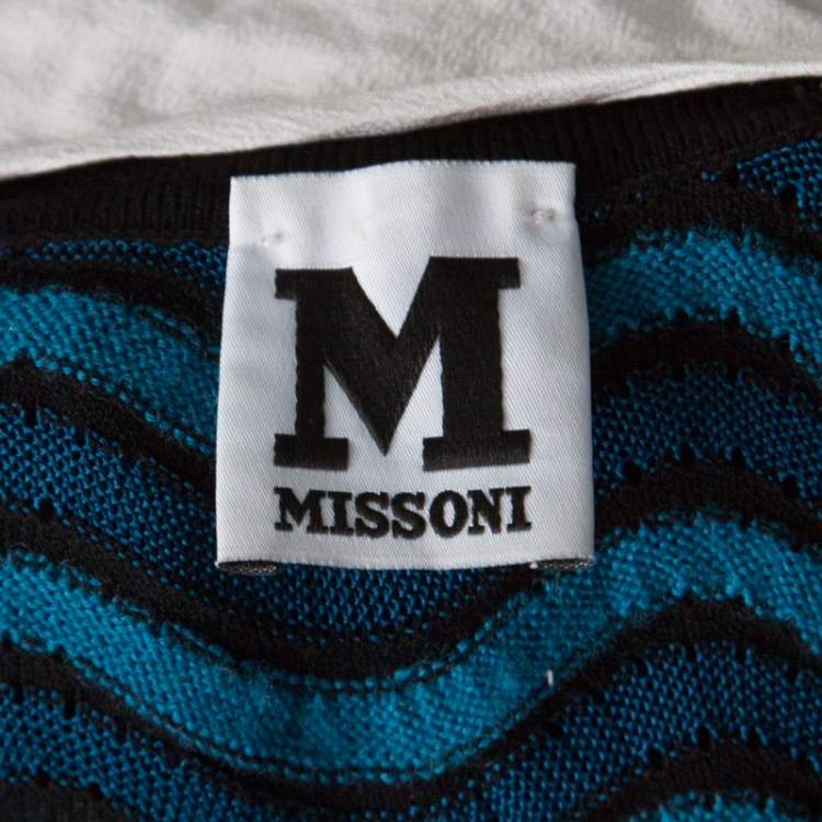 Pre Owned M Missoni Blue & Black Wave Patterned Knit Detachable Collar Short Sleeve Dress M