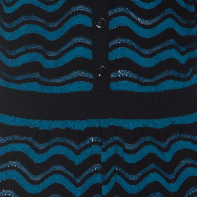 Pre Owned M Missoni Blue & Black Wave Patterned Knit Detachable Collar Short Sleeve Dress M