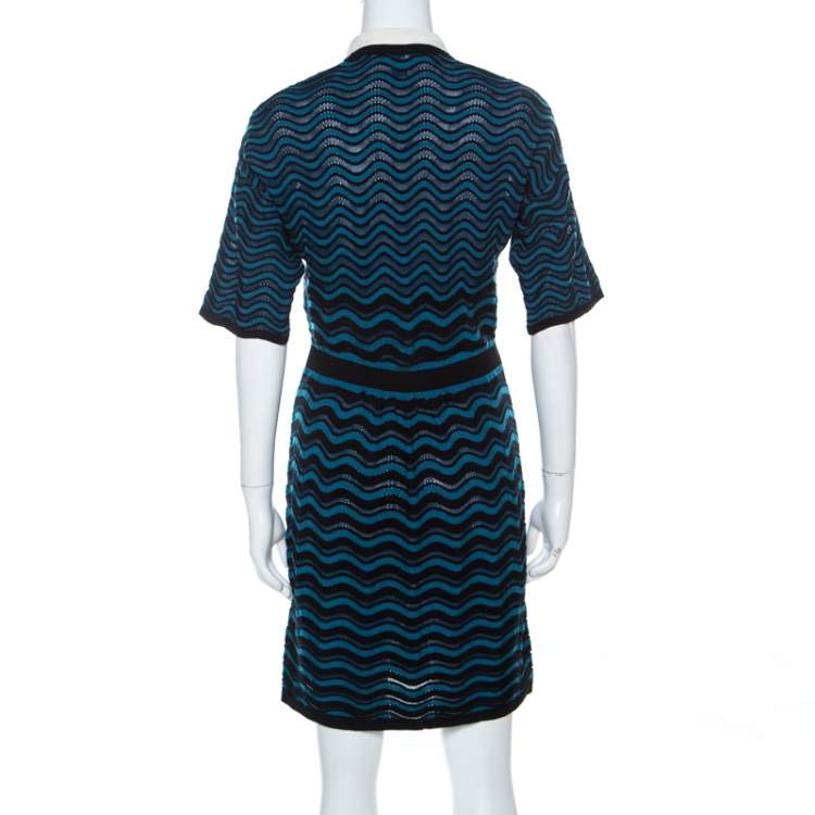 Pre Owned M Missoni Blue & Black Wave Patterned Knit Detachable Collar Short Sleeve Dress M