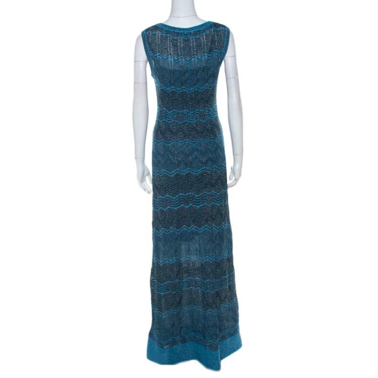 Pre Owned M Missoni Blue & Black Chevron Crochet Knit Lurex Sleeveless Dress M
