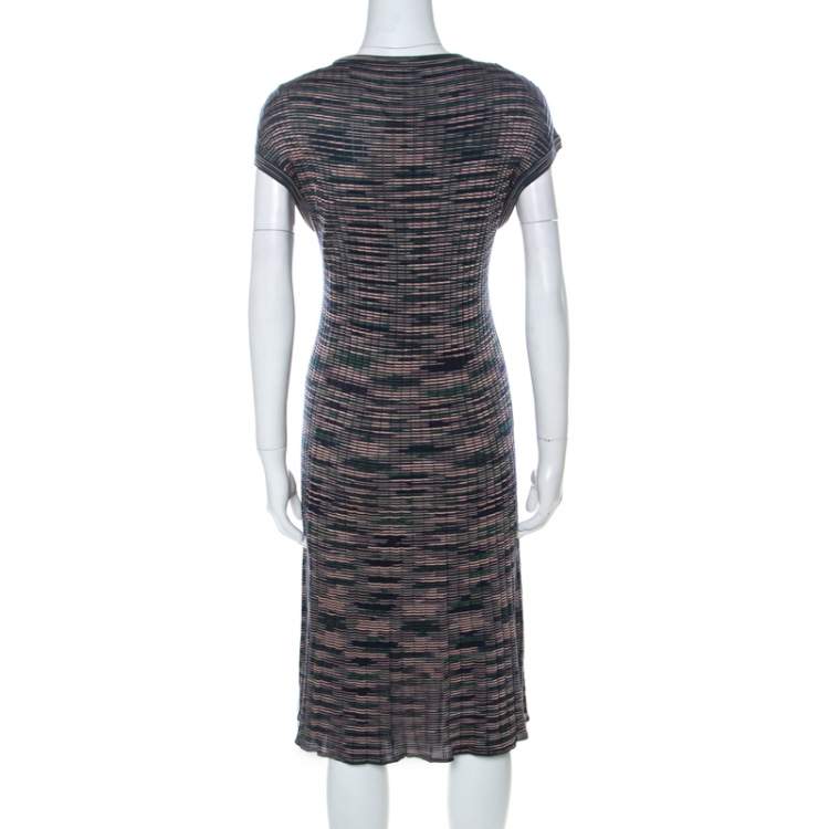 Pre Owned M Missoni Multicolor Striped Knit Short Sleeve Midi Dress L 