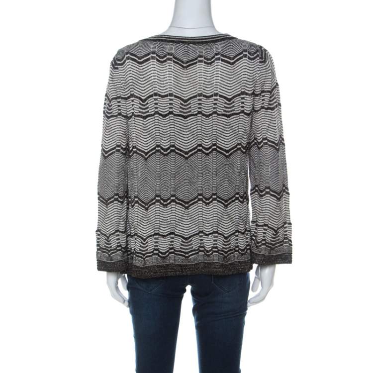 Pre Owned M Missoni Monochrome & Lurex Chevron Knit Long Sleeve Top M