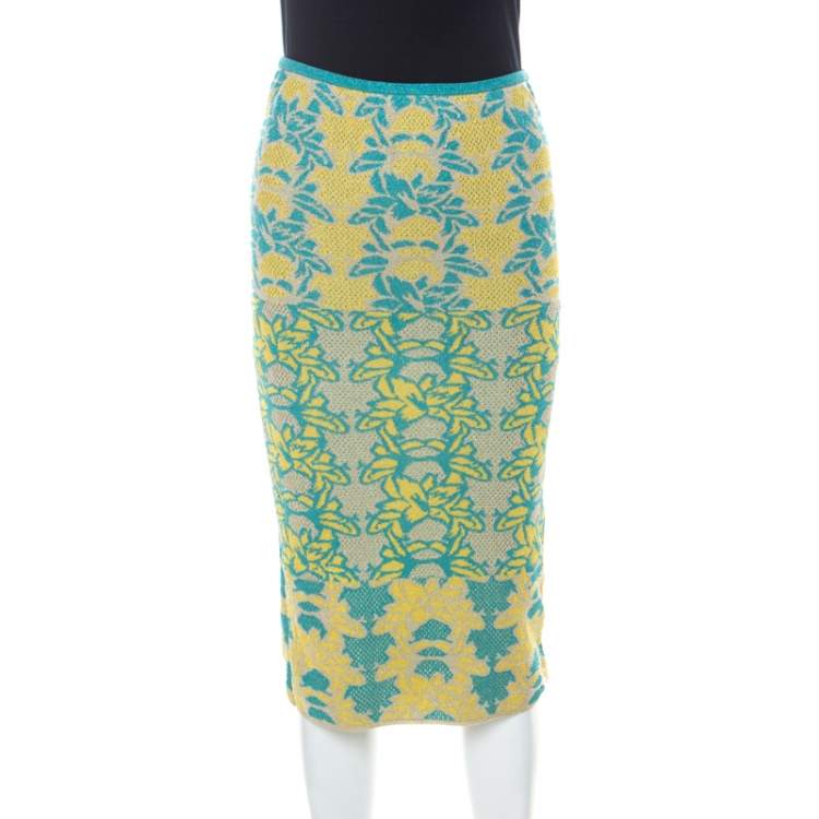 Pre Owned M Missoni Blue & Yellow Floral Knit Lurex Pencil Skirt S