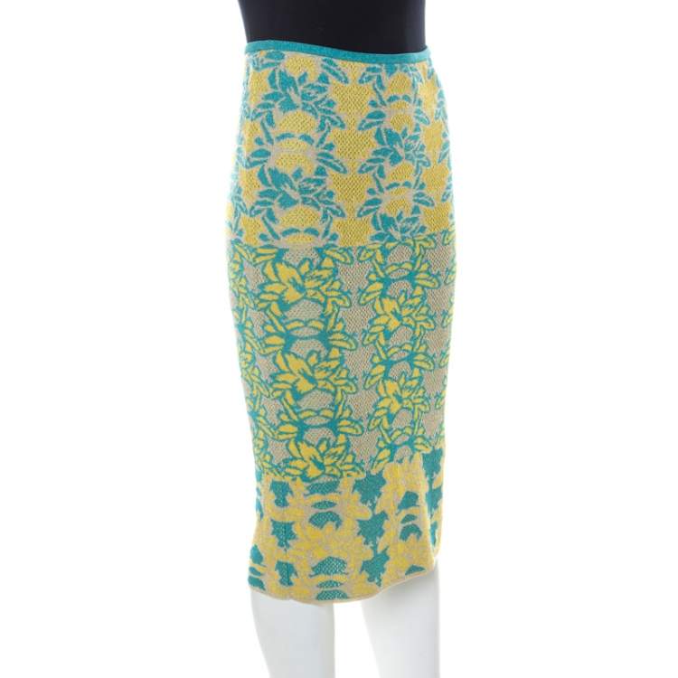 Pre Owned M Missoni Blue & Yellow Floral Knit Lurex Pencil Skirt S