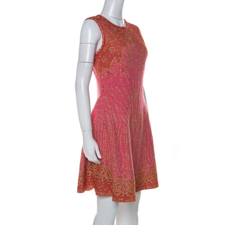 Pre Owned M Missoni Pink & Red Metallic Jacquard Knit Detail Sleeveless Short Dress M