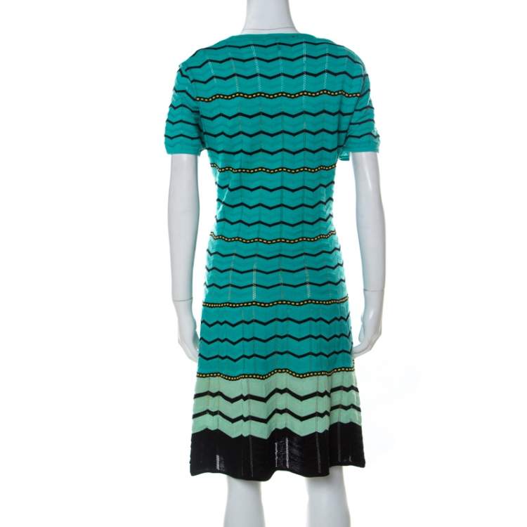 Pre Owned M Missoni Green Chevron Patterned Perforated Knit Short Sleeve Dress L