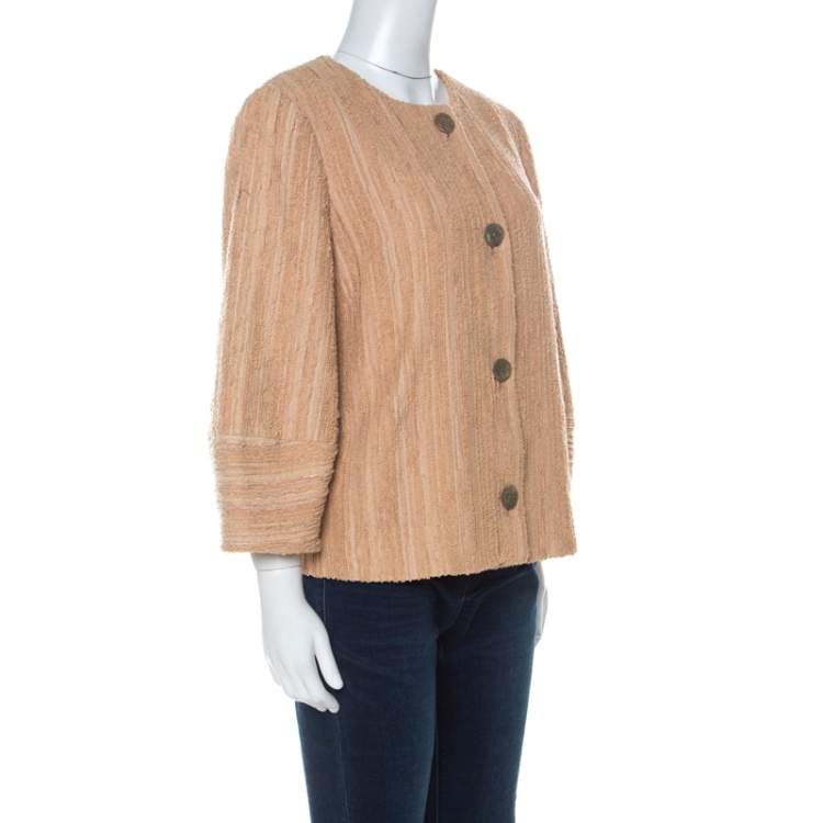 Pre Owned M Missoni Beige Silk Blend Boucle Knit Three Quarter Sleeve Jacket L 