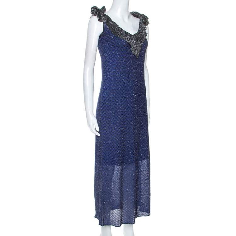مملوكة مسبقًا M Missioni Blue Metallic Knit Tie Shoulder Detail Maxi Dress S