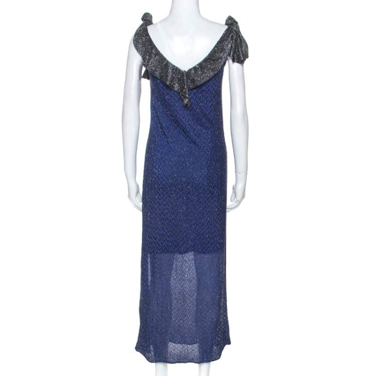 مملوكة مسبقًا M Missioni Blue Metallic Knit Tie Shoulder Detail Maxi Dress S