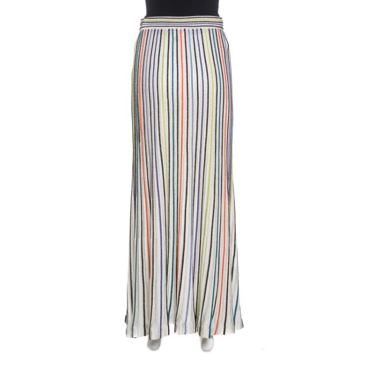 Pre Owned M Missoni White Striped Lurex Knit Pintuck Detail Maxi Skirt S