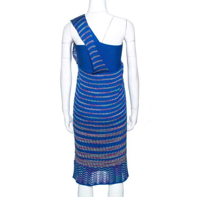Pre Owned M Missoni Blue Chevron Knit One Shoulder Midi Dress M