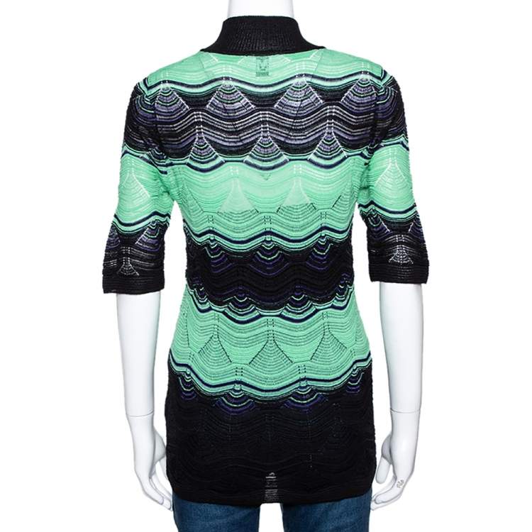 Pre Owned M Missoni Green & Black Wavy Pointelle Knit Mock Neck Top M