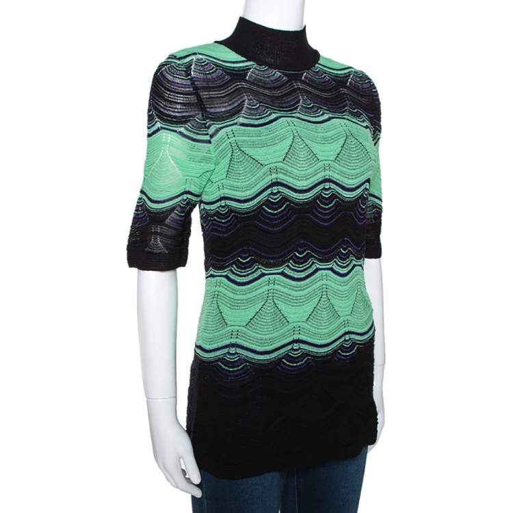 Pre Owned M Missoni Green & Black Wavy Pointelle Knit Mock Neck Top M