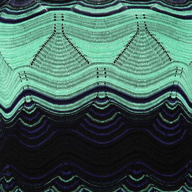 Pre Owned M Missoni Green & Black Wavy Pointelle Knit Mock Neck Top M