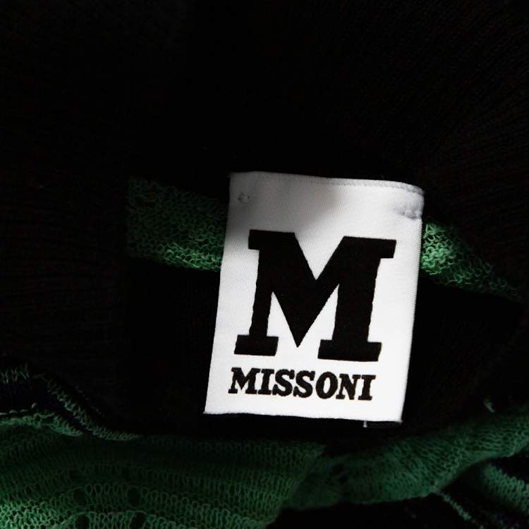 Pre Owned M Missoni Green & Black Wavy Pointelle Knit Mock Neck Top M