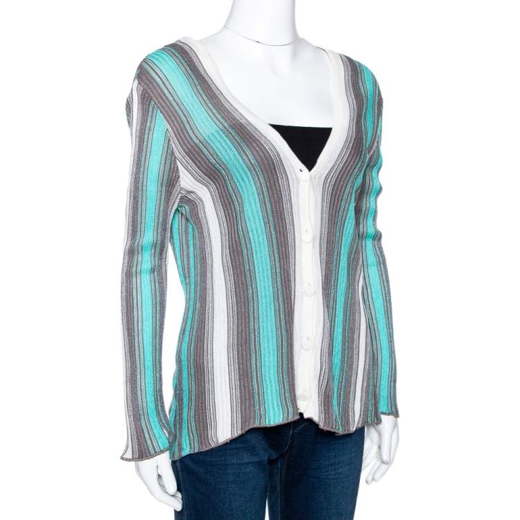 مملوكة مسبقًا M Missoni Teal & Grey Striped Lurex Knit Button Front Cardigan L