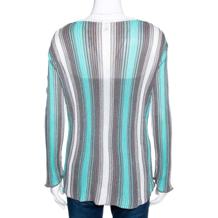 مملوكة مسبقًا M Missoni Teal & Grey Striped Lurex Knit Button Front Cardigan L
