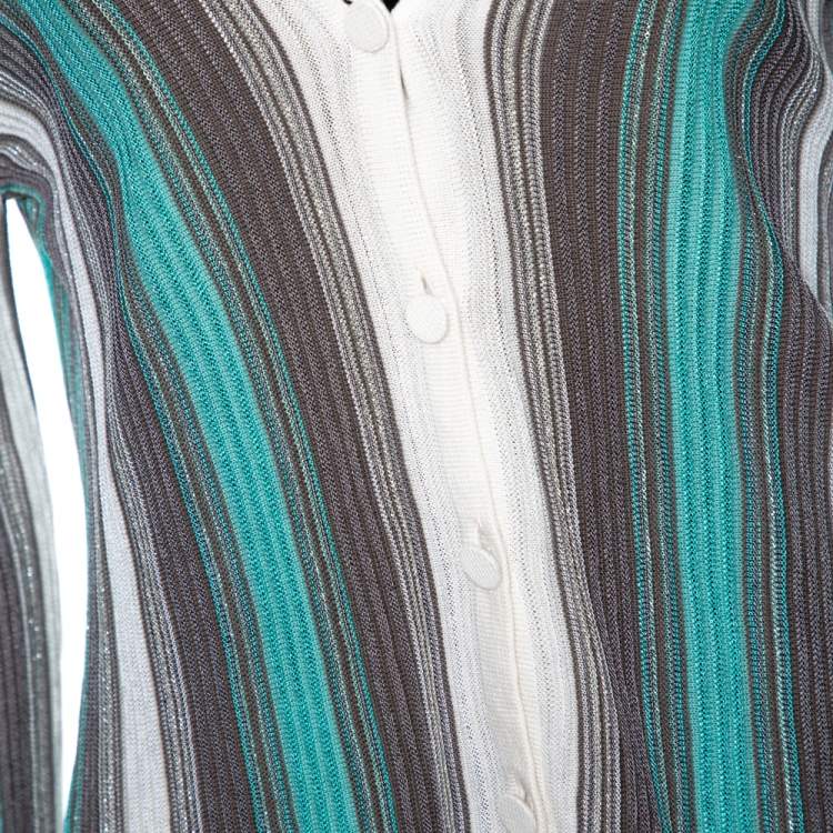 مملوكة مسبقًا M Missoni Teal & Grey Striped Lurex Knit Button Front Cardigan L