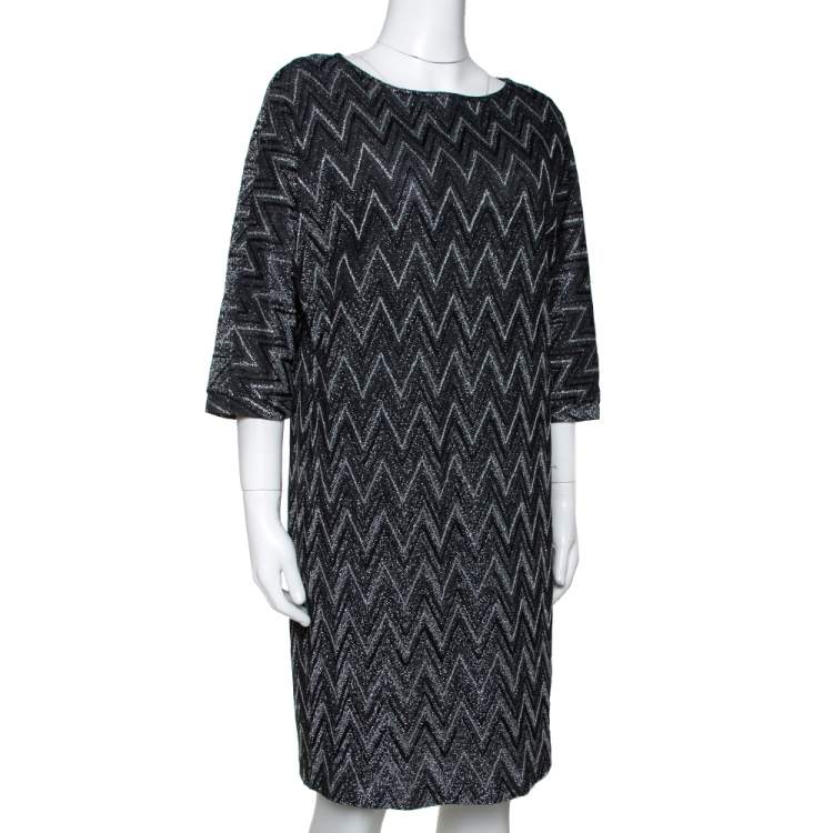 Pre Owned M Missoni Monochrome Chevron Lurex Knit Shift Dress S 