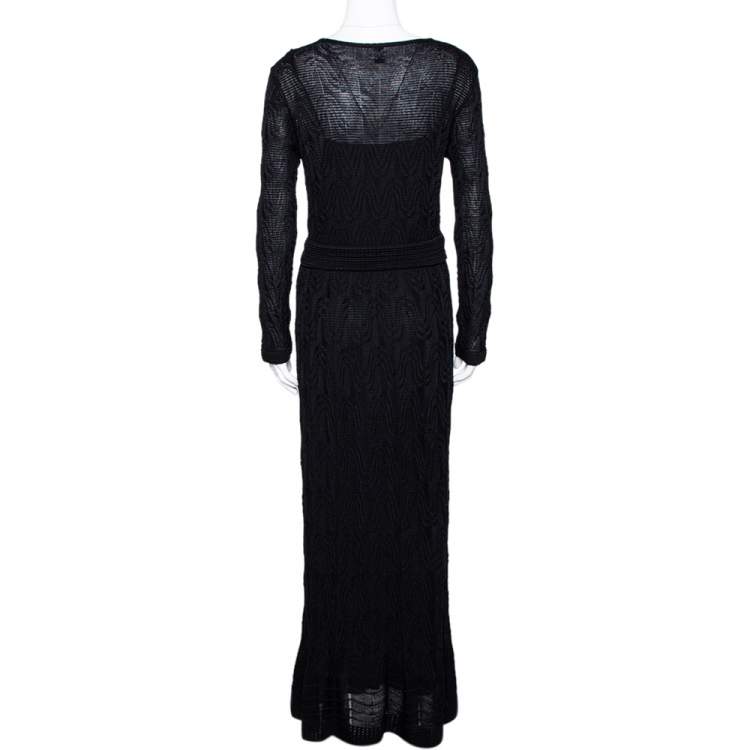 مملوكة مسبقًا M Missoni Black Textured Wool Blend Knit Maxi Dress L 