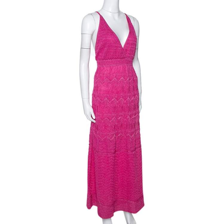 Pre Owned M Missoni Pink Zig Zag Lurex Knit Sleeveless Maxi Dress L