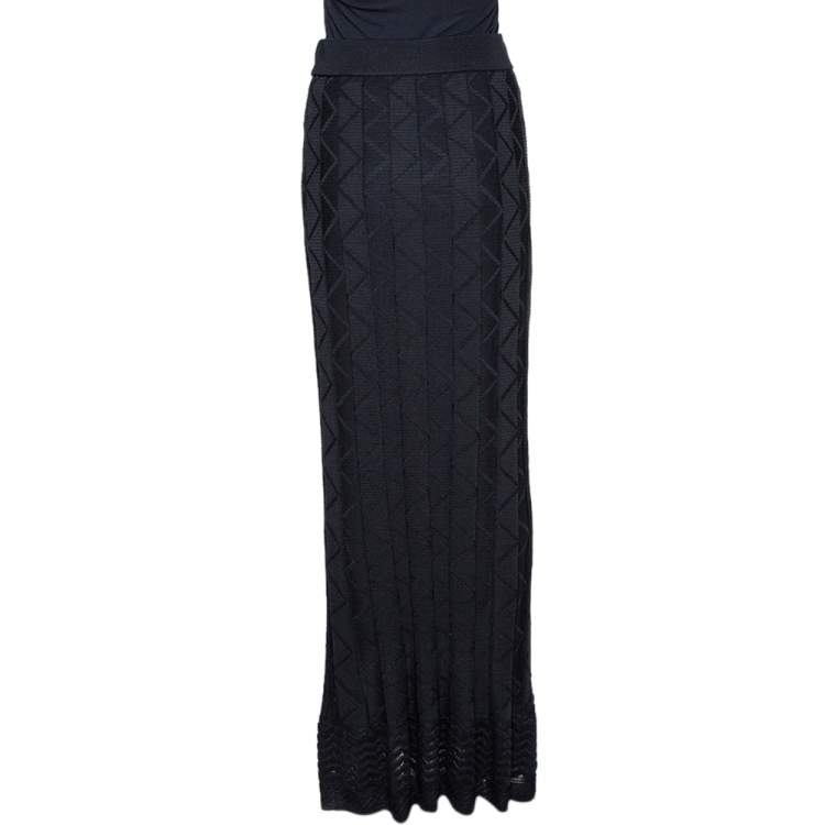 Pre Owned M Missoni Black Zig Zag Knit Pleated Maxi Skirt M