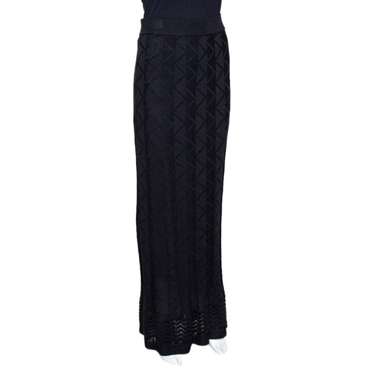 Pre Owned M Missoni Black Zig Zag Knit Pleated Maxi Skirt M