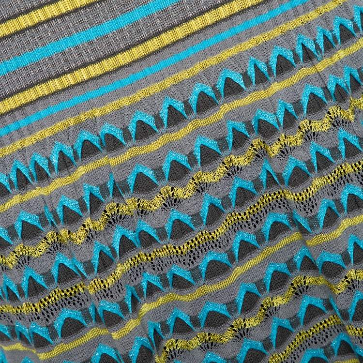 Pre Owned M Missoni Grey & Blue Wavy Textured Knit Sleeveless Dress L
